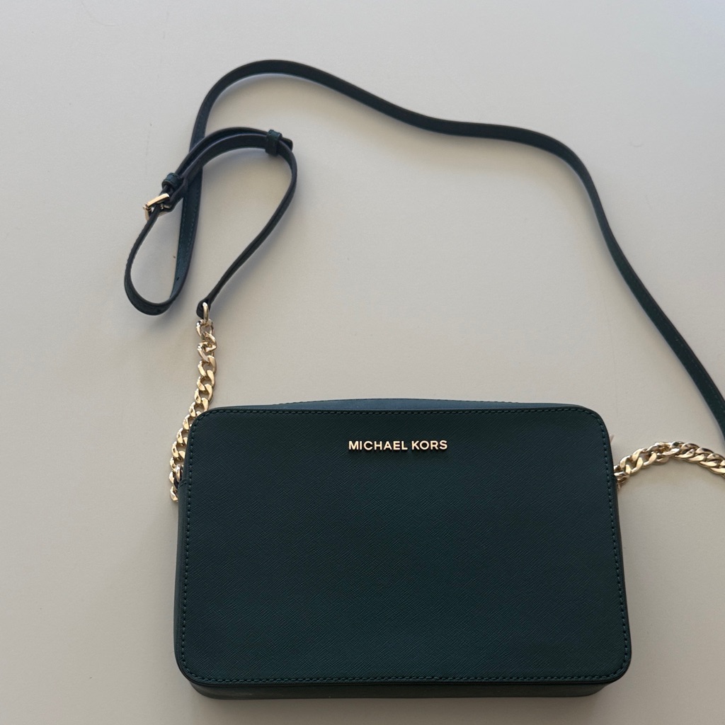 Michael Kors Dark Green Crossbody Bag With Gold Chain